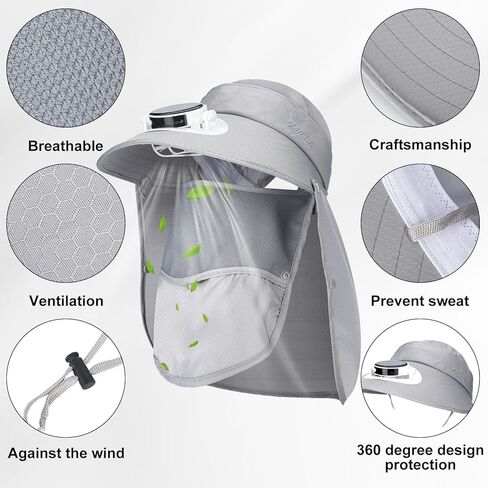 قبعة صيد بمروحة تعمل بالطاقة الشمسية مع مروحة واسعة الحافة للاستخدام الخارجي بعامل حماية من أشعة الشمس 50+ حماية من الشمس مع غطاء رقبة قابل للفصل وقناع للوجه للرجال والنساء في الهواء الطلق والرياضة والسفر والتخييم باللون الرمادي in Kuwait
