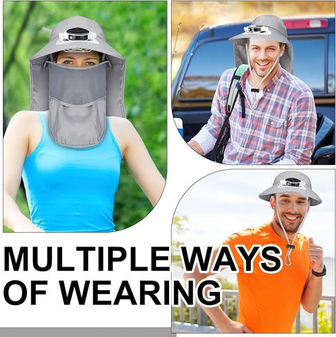 قبعة صيد بمروحة تعمل بالطاقة الشمسية مع مروحة واسعة الحافة للاستخدام الخارجي بعامل حماية من أشعة الشمس 50+ حماية من الشمس مع غطاء رقبة قابل للفصل وقناع للوجه للرجال والنساء في الهواء الطلق والرياضة والسفر والتخييم باللون الرمادي in Kuwait