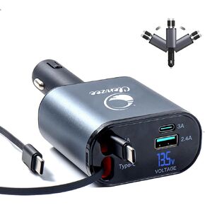 [Upgraded] Retractable Car Charger 4 in 1 Fast Car Phone Charger | 2 Retractable Cords (iOS + iOS) with Additional 2 Ports | Charge 4 Devices | Compatible with iPhone Models (14 and Below)