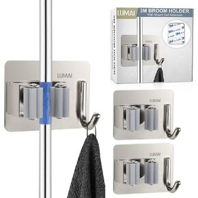 3M Broom Holder Wall Mount Self Adhesive 3-pack Wall Broom Holder Wall Mount Heavy Duty, Broom Hanger Wall Mount, Broom Mop Holder Wall Mounted, Broom Organizer Wall Mount, Mop Holder Wall Mount