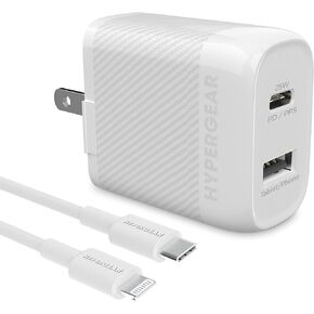 شاحن حائط USB-C محول HyperGear سريع بمنفذين 25 وات USB-C PD + 12 وات USB وUSB-C إلى كابل معتمد من Lightning MFi متوافق مع أجهزة iPhone والمزيد [أبيض] in Kuwait