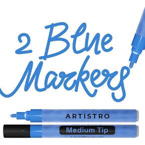 ARTISTRO 2 Blue Acrylic Paint Pens for Rock Painting Ceramic Wood Glass Tire Plastic - 3mm Medium Tip Paint Markers Ideal for Labeling DIY Crafts Art Projects