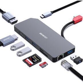 BENFEI 9in1 USB C MST Laptop Docking Station, USB-C Hub with USB-C to HDMI DisplayPort Dual Monitor/3*USB Type-A/1*USB Type-C(10Gbps+100W PD)/SD/TF Card Reader/1*RJ45