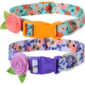 2 Pack Spring Dog Collar for Small Dogs, Quick Release Floral Dog Collar Girl with Flower Bow