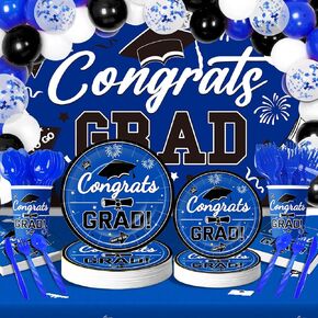 Blue Graduation Party Supplies, 238PCS Graduation Decor Set-Graduation Backdrop Balloons Garland Kit, Congrats Grad Plates and Napkins,Disposable Spoons and Forks Tablecloth Grad Party Decorations(24)
