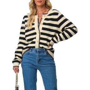 Sidefeel Women's Cardigan Sweaters Striped Open Front Button Down Knitted Cropped Fall Fashion Outwear