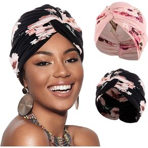 2 Pieces Printed Turbans for Women, Soft Pre Tied Knot Turban Head Wraps Chemo Headwear Pleated Beanie Cap Sleep Hat Hair Loss Hat Chemo Cancer Cap for Ladies