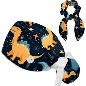 Dinosaur Working Caps with Buttons & Sweatband, Adjustable Tie Back Hat for Women Long Hair Ponytail Pouch