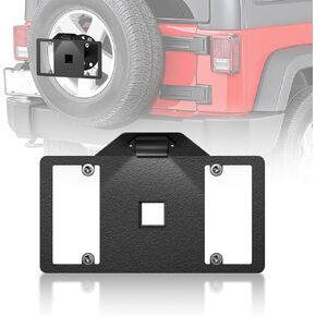 Spare Tire License Plate Frame with LED Light Compatible with 1987-2018 Jeep Wrangler JK JKU & TJ & YJ, Licence Bracket Holder Rear Plates Frames Relocation Mounting (2/4 Door, Black)