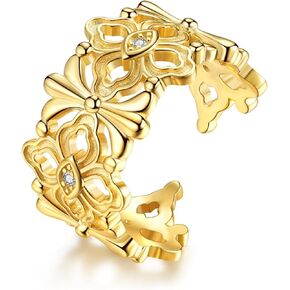 925 Sterling Silver Gold Plated Rings Hollow Carved Flower Ring Adjustable Rings for Women