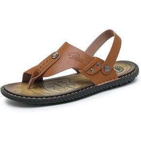 Mens Casual Outdoor Sandals Flip Flops Thong Leather Slip On Two uses Toe Ring Beach Shoes