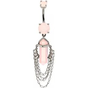 14GA 316L Stainless Steel Pink Crystal with 4 Tiered Dangling Chains Belly Button Ring