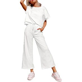 Glamaker Womens 2 Piece Outfits Lounge Sets Short Sleeve Loose Fit Top and Wide Leg Pants Set Sweatsuits Tracksuit