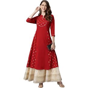 Janasya Indian Women's Maroon Poly Crepe Kurta