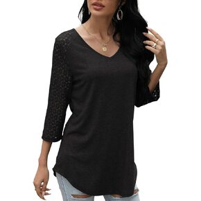HOCOSIT Womens V-Neck 3/4 Sleeve Lace Patchwork Top Pure Color Casual Tunics Raglan Sleeve