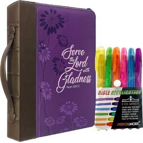 Performore Purple Stylish Fashionable Bible Bags for Women That says Serve The Lord with Gladness - Psalm 100:2, w/ 6 Assorted Gel Highlighter Pens in Snap PVC Wallet