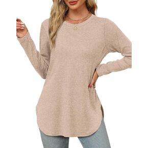 XIEERDUO Womens Long Sleeve Round Neck Shirts Side Split Basic Loose Tunic Tops Casual 2024