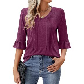 Women's 3/4 Bell Sleeve Tops Pleated V Neck Summer Loose Dressy Casual Shirts 2024 Spring Trendy Ruffle Sleeve Blouse