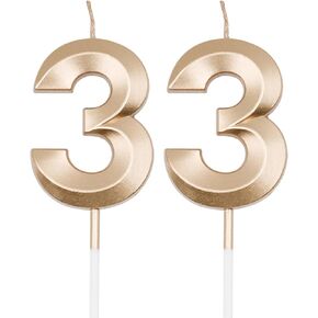 Champagne Gold 33rd Birthday Candles for Cakes, Number 33 3 Candle Cake Cupcake Topper for Birthday Anniversary Party Decoration