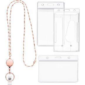 Zonon Retractable Badge Reel Lanyard with ID Holder for Women, Cruise Lanyard Stainless Steel Necklace with 3 Pieces Name Badge Holder Clip for Teacher(Black)