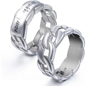 Inspirational Jewelry Never Give Up Stainless Steel Cuban Rings for Men, Engraving Personality Encouragement Gift for Man Teens boys