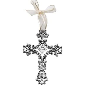 Cathedral Art, Silver (Abbey & CA Gift) Bless This Child White Ribbon Baby Cross, 5-Inch High