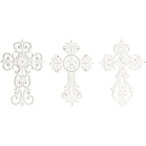 Deco 79 Wooden Cross Home Wall Decor Carved Cross Wall Sculpture, Set of 3 Wall Art 12", 10", 12"W, White