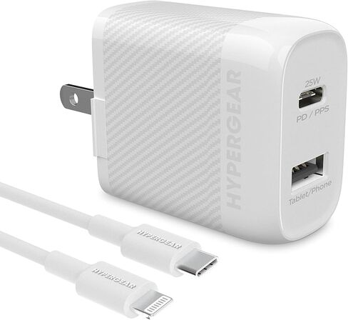 شاحن حائط USB-C محول HyperGear سريع بمنفذين 25 وات USB-C PD + 12 وات USB وUSB-C إلى كابل معتمد من Lightning MFi متوافق مع أجهزة iPhone والمزيد [أبيض] in Kuwait