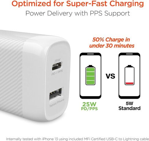 شاحن حائط USB-C محول HyperGear سريع بمنفذين 25 وات USB-C PD + 12 وات USB وUSB-C إلى كابل معتمد من Lightning MFi متوافق مع أجهزة iPhone والمزيد [أبيض] in Kuwait