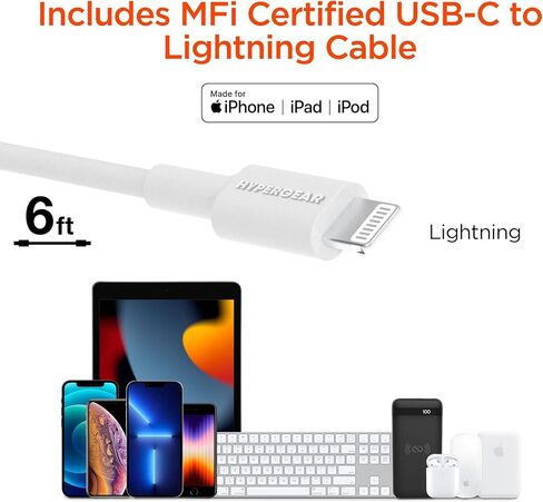 شاحن حائط USB-C محول HyperGear سريع بمنفذين 25 وات USB-C PD + 12 وات USB وUSB-C إلى كابل معتمد من Lightning MFi متوافق مع أجهزة iPhone والمزيد [أبيض] in Kuwait