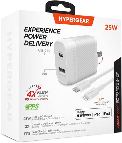 شاحن حائط USB-C محول HyperGear سريع بمنفذين 25 وات USB-C PD + 12 وات USB وUSB-C إلى كابل معتمد من Lightning MFi متوافق مع أجهزة iPhone والمزيد [أبيض] in Kuwait