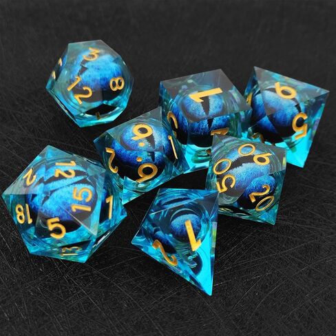 DND Dice Set Rolling Dragon's Eye 7pcs Set D&D Dungeons and Dragons Gift Resin Sharp Edge Dice Polyhedral RPG Role Playing Game D and D MTG Pathfinder Accessories Bag D20 D12 D10 D8 D6 D4-Blue in Saudi Arabia
