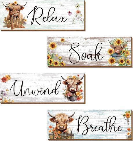 Riletese 4PCS Bathroom Wall Decor, Highland Cow Wall Decor, Rustic Farmhouse Wall Decor, Sign Loved Smart Brave Kind, Highland Cow Pictures Wall Decor for Bathroom Dining Room Bedroom Living Room in Kuwait