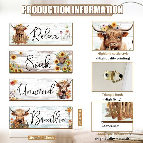 Riletese 4PCS Bathroom Wall Decor, Highland Cow Wall Decor, Rustic Farmhouse Wall Decor, Sign Loved Smart Brave Kind, Highland Cow Pictures Wall Decor for Bathroom Dining Room Bedroom Living Room in Kuwait