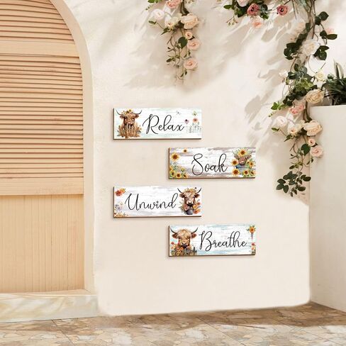 Riletese 4PCS Bathroom Wall Decor, Highland Cow Wall Decor, Rustic Farmhouse Wall Decor, Sign Loved Smart Brave Kind, Highland Cow Pictures Wall Decor for Bathroom Dining Room Bedroom Living Room in Kuwait