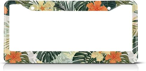Beabes Hawaiian License Plate Frame Retro Tropical Car Frames, License Plates Holder， Leaves Hibiscus Flowers License Plate Cover Aluminum Metal Frames for Women Men Auto Decoration in Saudi Arabia