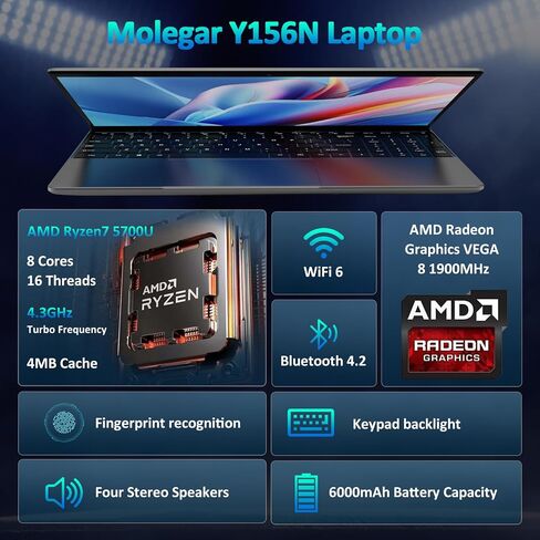 Laptop, 15.6" FHD IPS Display, AMD Ryzen7 5700U, 16GB RAM, 1TB PCIe SSD, Fingerprint Reader, Backlit Keyboard, Webcam, Wi-Fi 6, Windows 11 Pro, Metal Case, Grey in Saudi Arabia