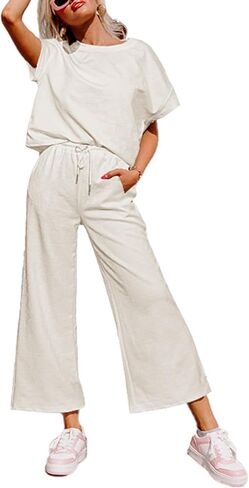 Glamaker Womens 2 Piece Outfits Lounge Sets Short Sleeve Loose Fit Top and Wide Leg Pants Set Sweatsuits Tracksuit in Saudi Arabia