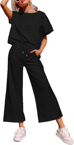 Glamaker Womens 2 Piece Outfits Lounge Sets Short Sleeve Loose Fit Top and Wide Leg Pants Set Sweatsuits Tracksuit in Saudi Arabia