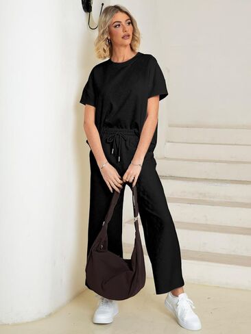 Glamaker Womens 2 Piece Outfits Lounge Sets Short Sleeve Loose Fit Top and Wide Leg Pants Set Sweatsuits Tracksuit in Saudi Arabia