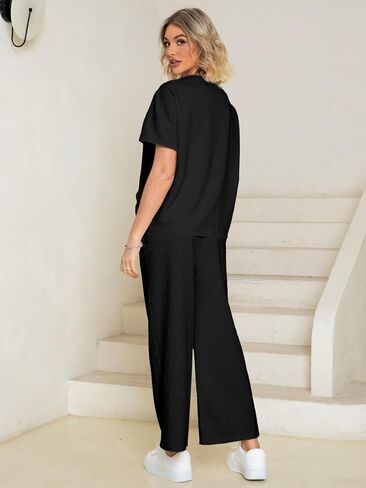 Glamaker Womens 2 Piece Outfits Lounge Sets Short Sleeve Loose Fit Top and Wide Leg Pants Set Sweatsuits Tracksuit in Saudi Arabia