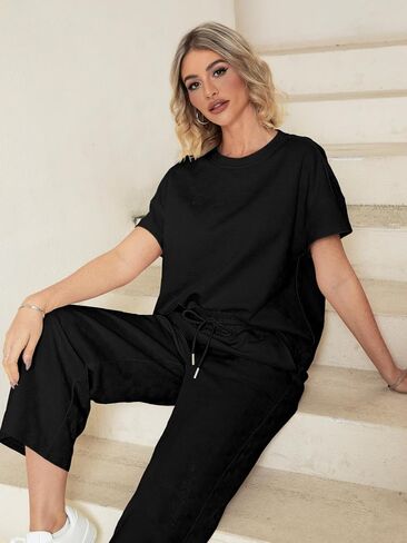 Glamaker Womens 2 Piece Outfits Lounge Sets Short Sleeve Loose Fit Top and Wide Leg Pants Set Sweatsuits Tracksuit in Saudi Arabia