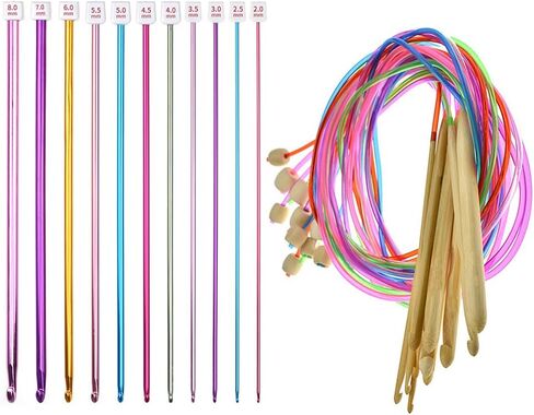 مجموعة خطافات كروشيه تونسية 23 قطعة مع 12 قطعة خطافات كروشيه من الخيزران 3-10 ملم و11 قطعة 2-8 ملم مجموعة إبر الحياكة المصنوعة من الألومنيوم الأفغاني مثالية للمشروعات الكبيرة in Kuwait