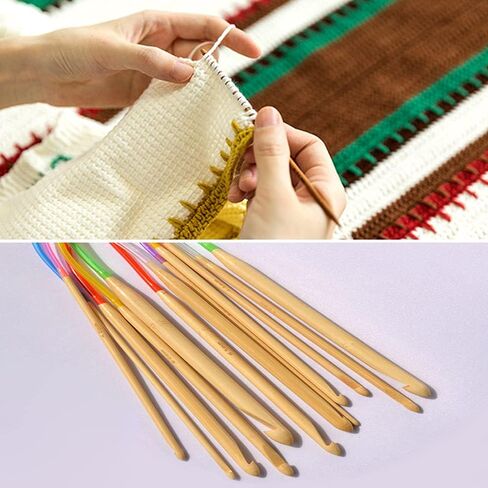 مجموعة خطافات كروشيه تونسية 23 قطعة مع 12 قطعة خطافات كروشيه من الخيزران 3-10 ملم و11 قطعة 2-8 ملم مجموعة إبر الحياكة المصنوعة من الألومنيوم الأفغاني مثالية للمشروعات الكبيرة in Kuwait