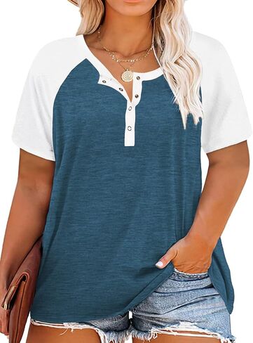 VISLILY Women's Plus Size Tops Raglan Henley Shirts Buttons Up Tunics Color Block Tee in Saudi Arabia
