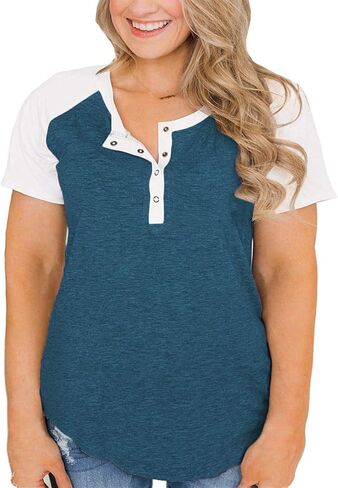 VISLILY Women's Plus Size Tops Raglan Henley Shirts Buttons Up Tunics Color Block Tee in Saudi Arabia