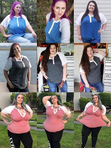 VISLILY Women's Plus Size Tops Raglan Henley Shirts Buttons Up Tunics Color Block Tee in Saudi Arabia