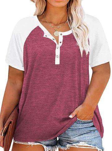 VISLILY Women's Plus Size Tops Raglan Henley Shirts Buttons Up Tunics Color Block Tee in Saudi Arabia