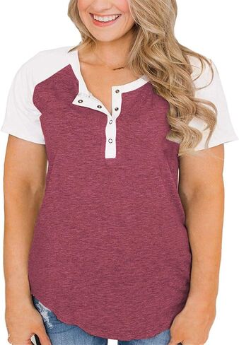 VISLILY Women's Plus Size Tops Raglan Henley Shirts Buttons Up Tunics Color Block Tee in Saudi Arabia