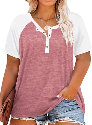 VISLILY Women's Plus Size Tops Raglan Henley Shirts Buttons Up Tunics Color Block Tee in Saudi Arabia